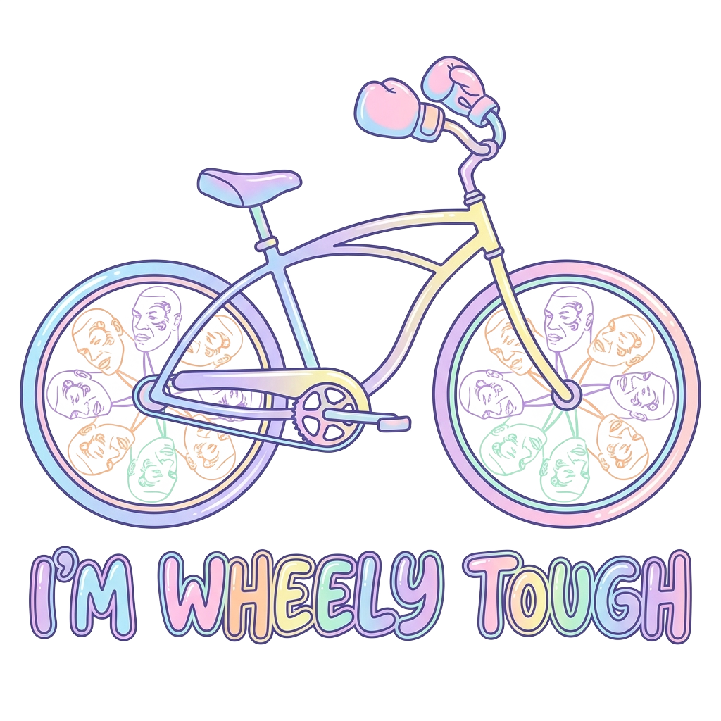 Custom sticker: A sleek, pastel Y2K-style line art of a bicycle with boxing gloves and wheel spokes shaped like Tyson...