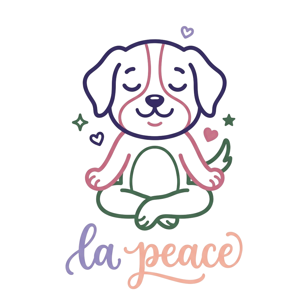Custom sticker: A kawaii line-art dog sitting cross-legged with eyes closed in meditation, featuring the words 'la pe...