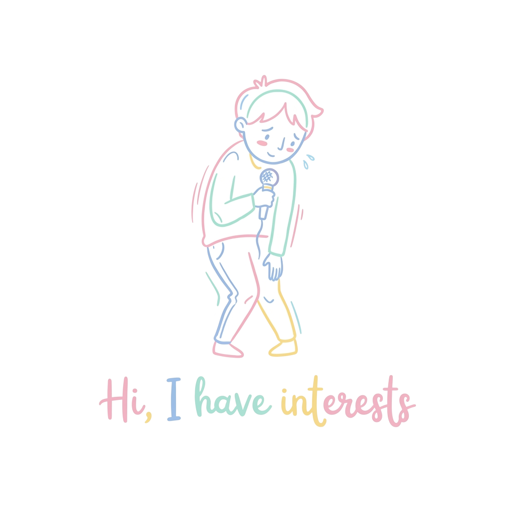 Custom sticker: A pastel line-art figure standing sheepishly with a microphone, featuring the words 'Hi, I have inter...