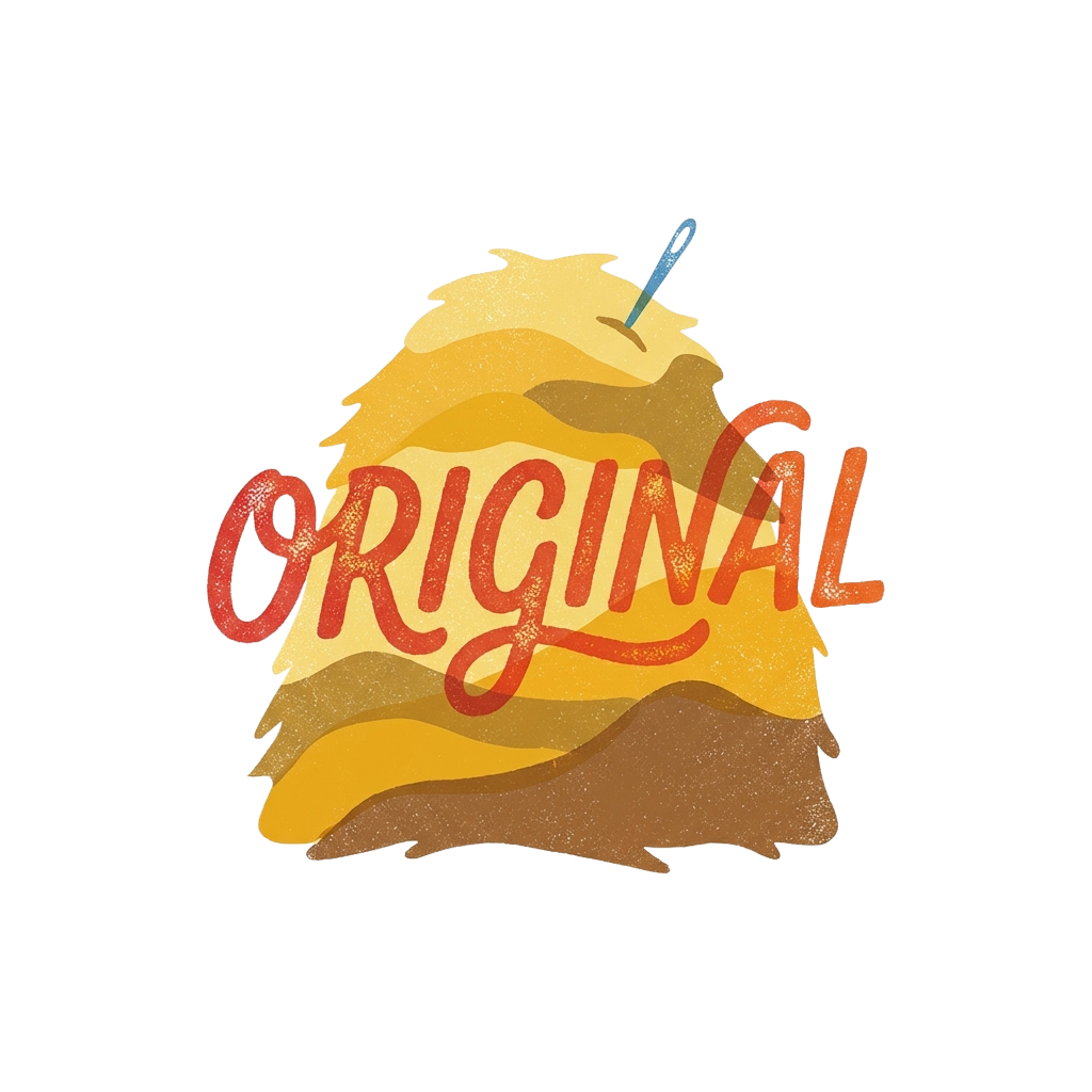 Custom sticker: A minimalist haystack with a tiny needle poking out, featuring the words 'ORIGINAL' hand-lettered in ...