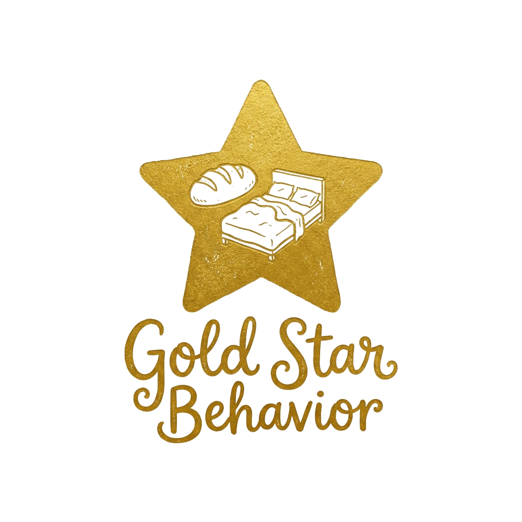 Custom sticker: A charming gold star stamp with small doodles of a loaf of bread and a half-made bed, accompanied by ...