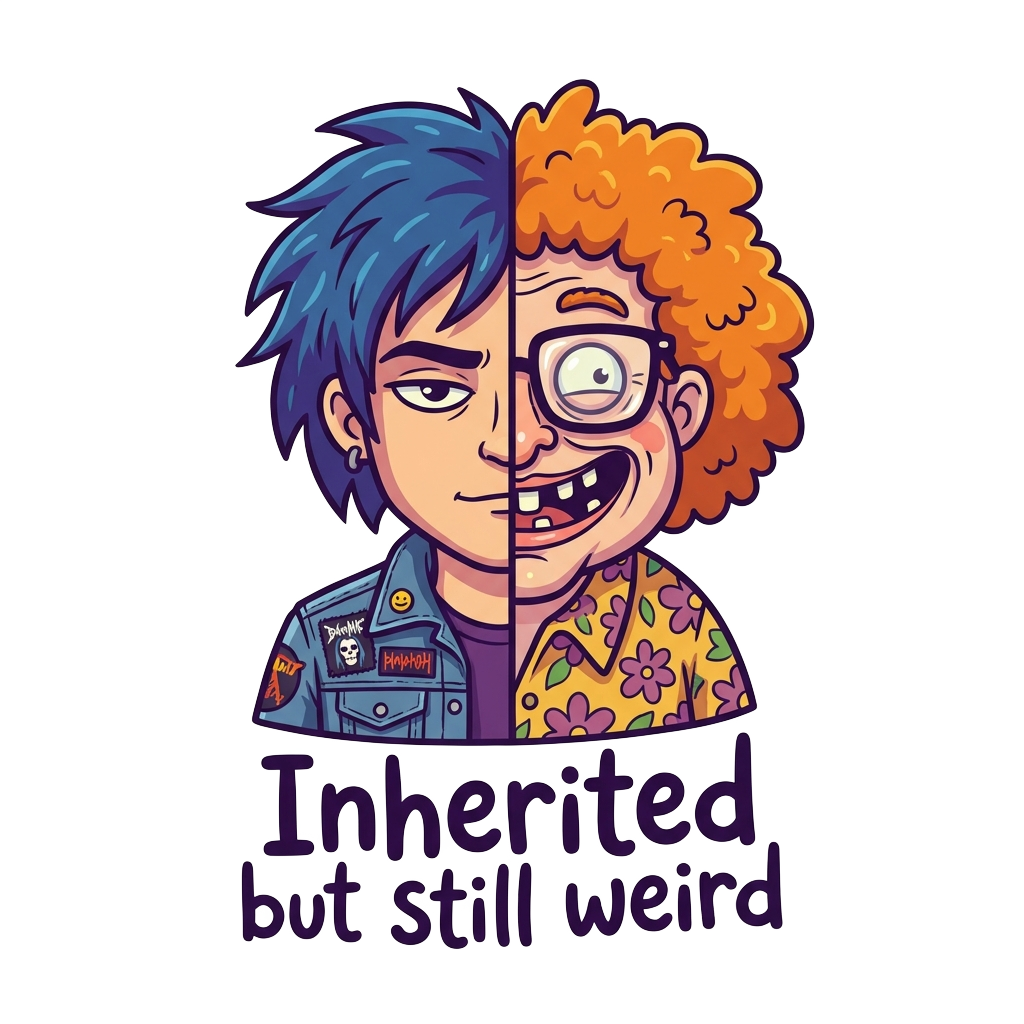 Custom sticker: A cartoon showcasing a split face mash-up: one side reflecting the individual's style and the other a...
