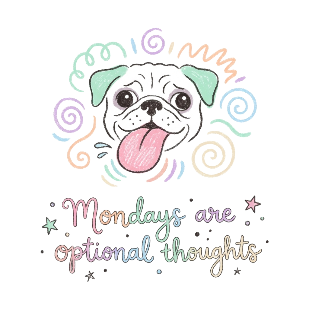 Custom sticker: A soft pastel doodle featuring a bleppy pug's tongue, with the words "Mondays are optional thoughts" ...