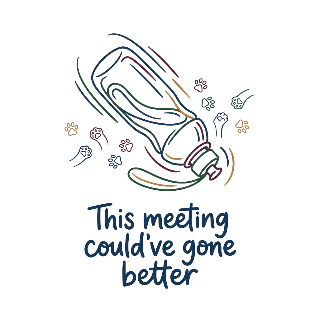 A minimalist line-art bottle mid-flip surrounded by tiny kitten paws, with the words "This meeting could’ve gone better" hand-lettered across the bottom in bold correctly-spelled type.