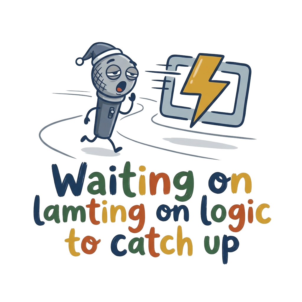 A tiny, sleepy cartoon mic and a still-frame flash icon racing each other, with the words "Waiting on logic to catch up" hand-lettered across the bottom in a quirky style.