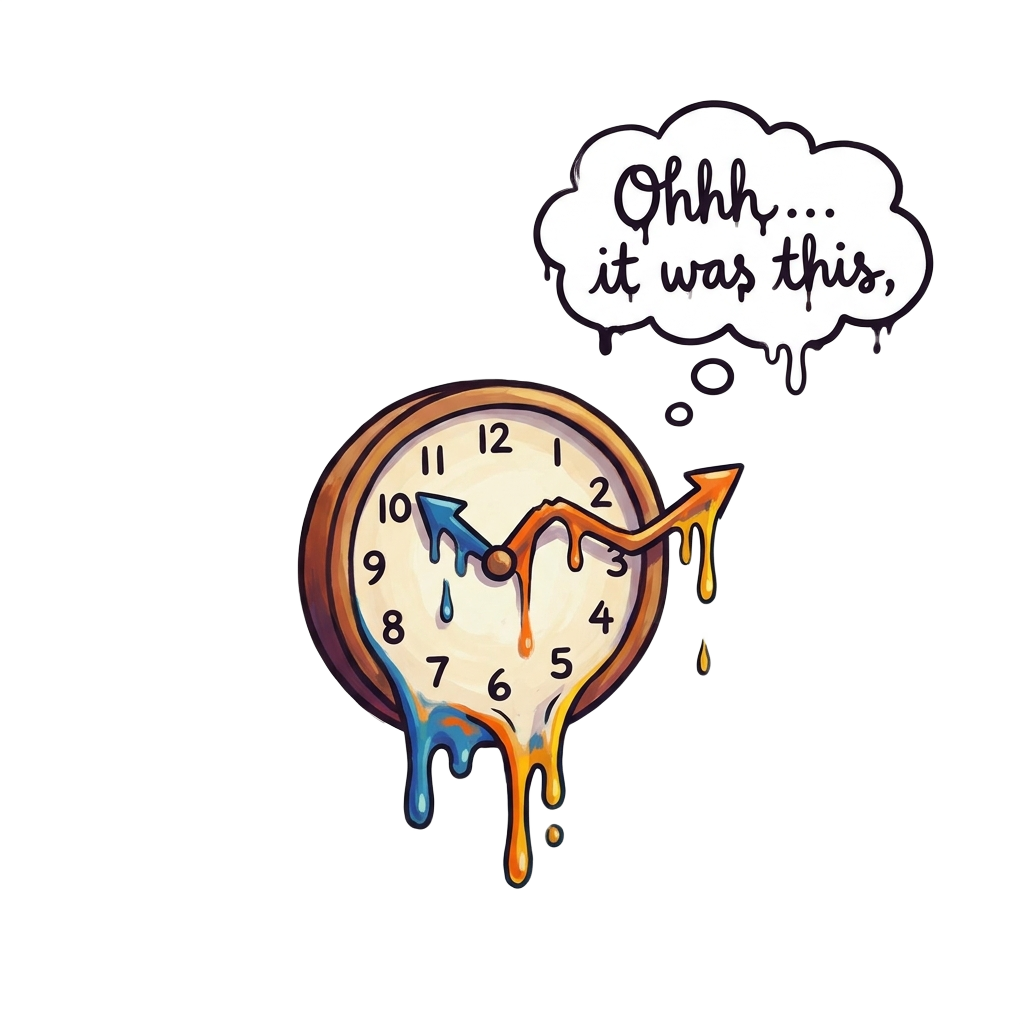 Draw a small analog clock with fumbled hands, dripping slightly, with a caption bubble: "Ohhh... it was this," showcasing a humorous realization.