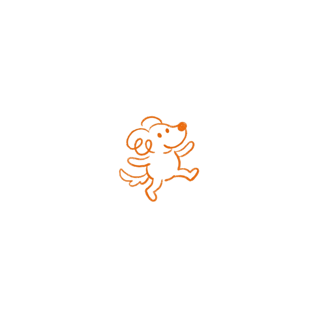 Illustrate a tiny, hand-drawn dancing orange dog in mid-bounce with minimal line art. The character is carefree and whimsical.