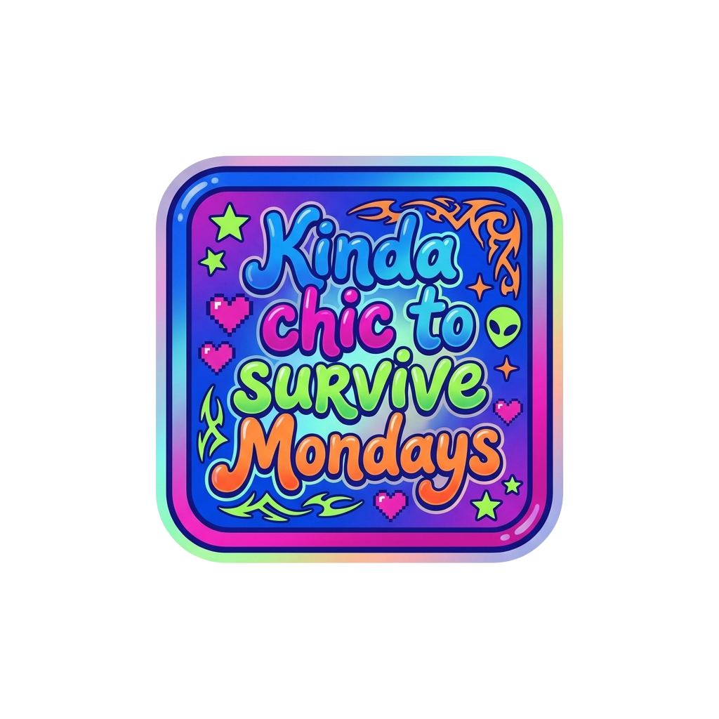 Create a mini badge in retro Y2K style with the words "Kinda chic to survive Mondays" beautifully hand-lettered across the center.