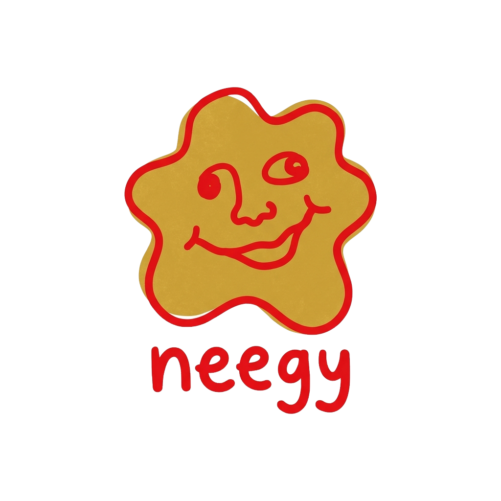 A simple gold blob-like face with a red outline, capturing the essence of absurd humor, with the word "neegy" displayed prominently.