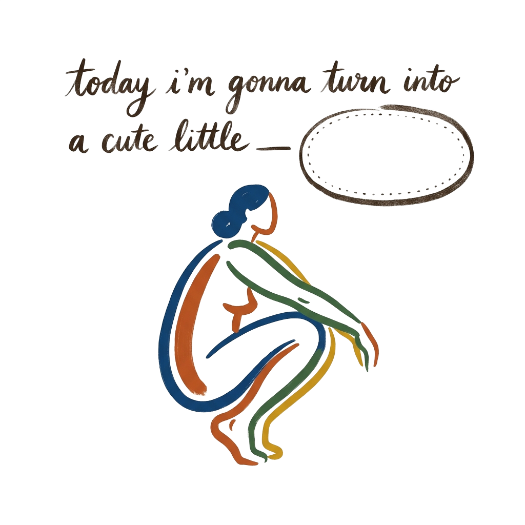 A minimalist illustration of a person crouching, with the words "today i’m gonna turn into a cute little ___" above, allowing for handwritten input or doodle.