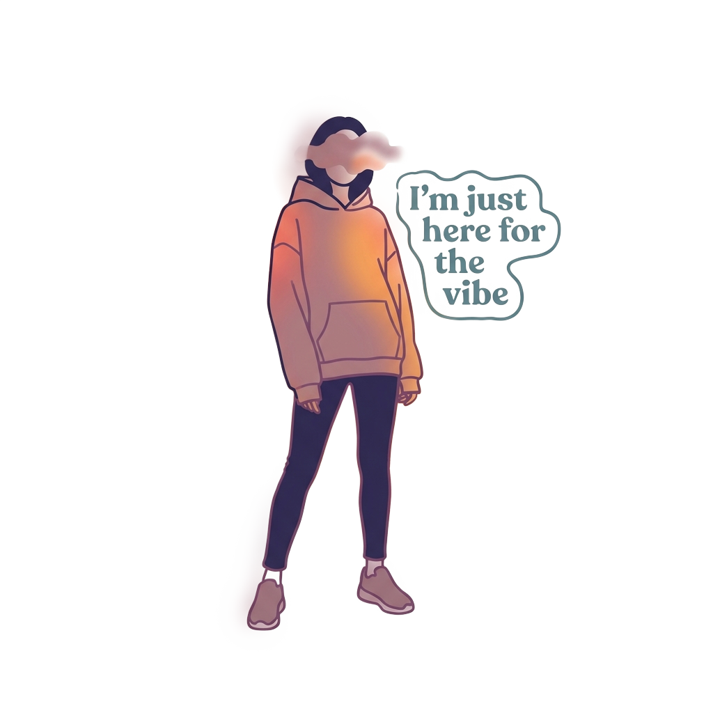 A generically styled fashion character with skinny jeans and a soft glow, creating an 'I’m just here for the vibe' atmosphere without depicting any specific character.