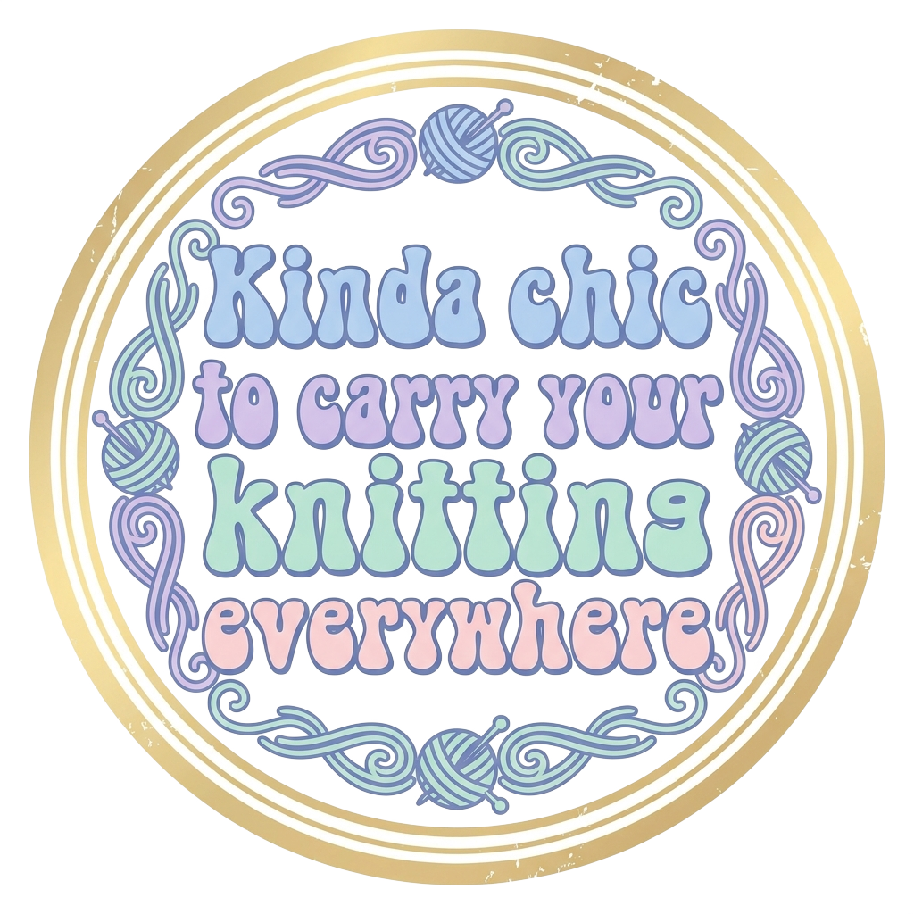 A minimalist badge styled in vintage Y2K typography, reading "Kinda chic to carry your knitting everywhere" in soft pastel tones, elegantly framed.