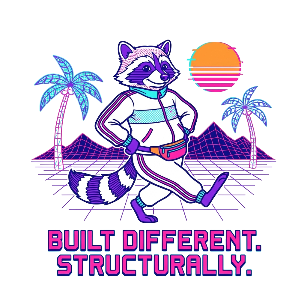 Line-art of Jimothy the raccoon in a cute retro-vaporwave style, mid-sashay, with the words "Built different. Structurally." rendered in bold type at the bottom.