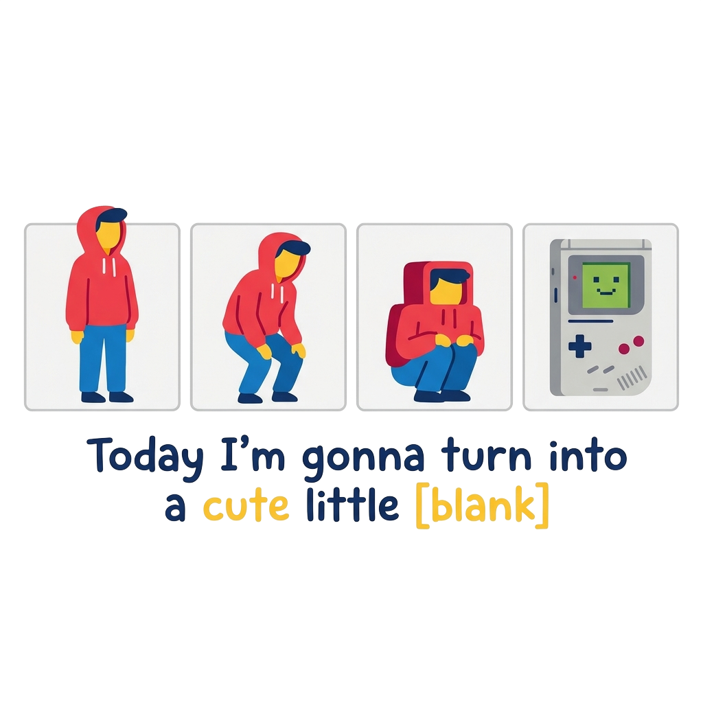 A series of minimalist panels showing a character gradually crouching lower, ultimately transforming into an adorable vintage Game Boy, with the words "Today I’m gonna turn into a cute little [blank]" in playful typography across the bottom.