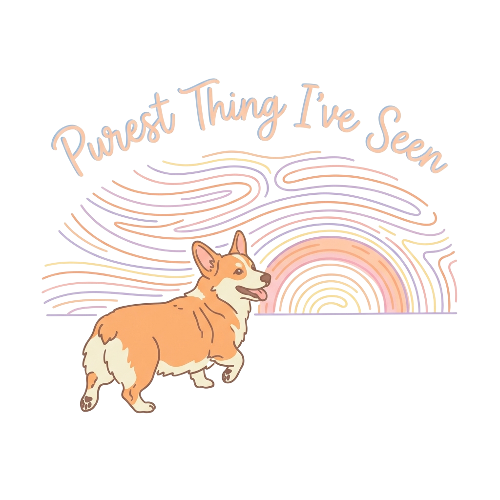 A pastel line-art drawing of a corgi trotting into a vibrant sunset, with the words "Purest Thing I’ve Seen" hand-lettered across the top in a friendly script.