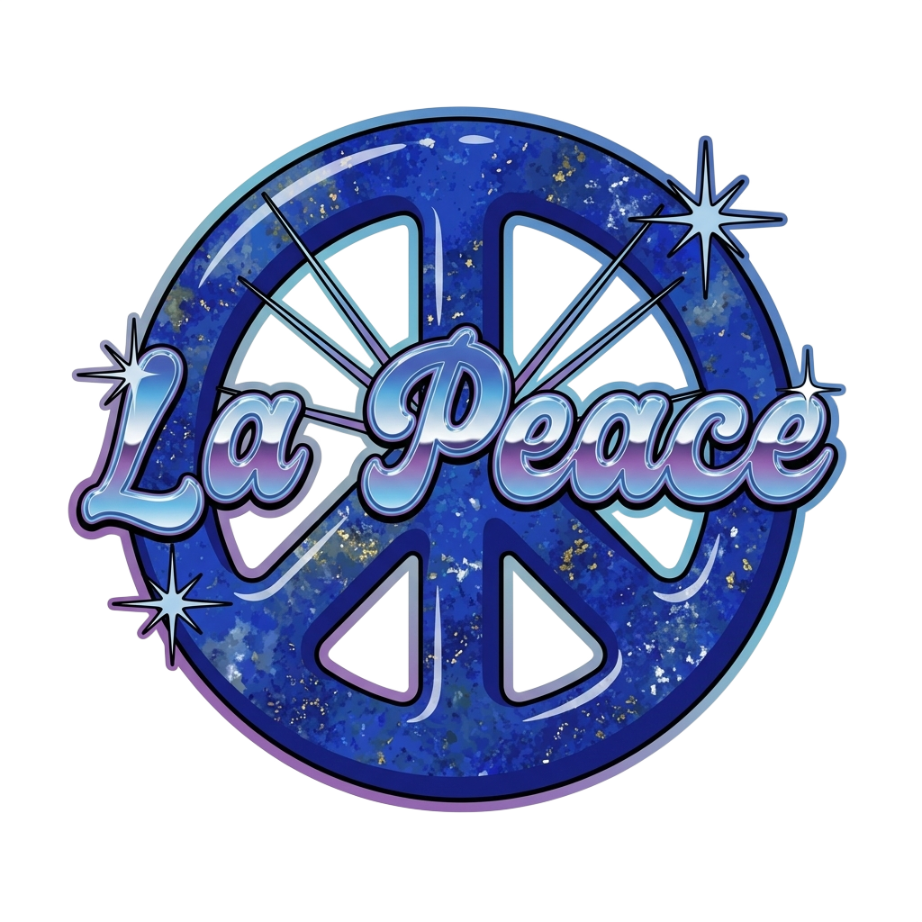 A small retro lapis lazuli rock styled as a peace symbol, rendered with the words "La Peace" elegantly integrated into the design in a classic Y2K aesthetic.