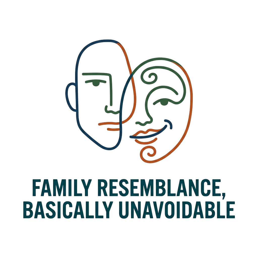 A minimalist line-art illustration displaying two halves of faces—one side with a bland expression and the other with a playful look—rendered with the words "Family resemblance, basically unavoidable" across the bottom in bold correctly-spelled type.