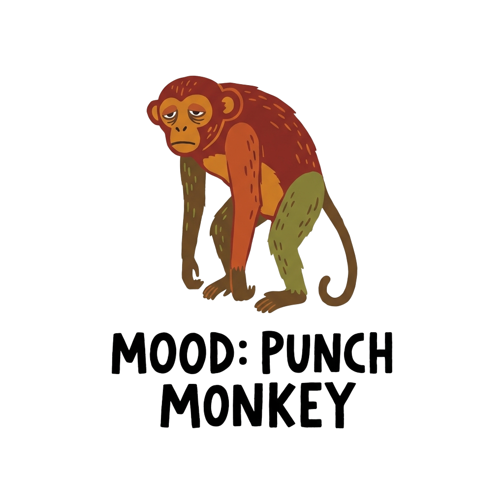 Illustrate a sleepy slouching monkey with the words "Mood: Punch Monkey" hand-lettered across the bottom in bold correctly-spelled type.