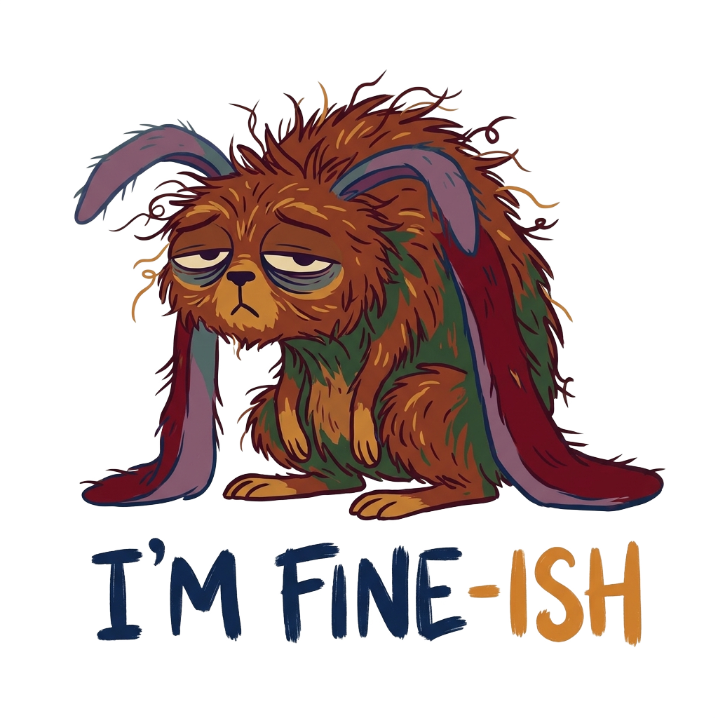 Create a caricature of a sleepy creature with ratty hair and droopy ears, with the words "I’m fine-ish" hand-lettered across the bottom in bold correctly-spelled type.