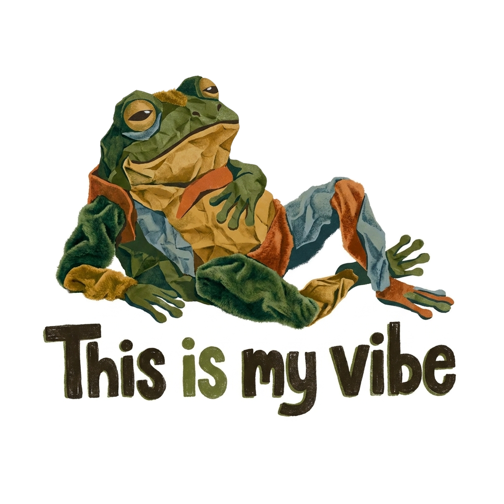 Draw a lounging frog resembling crumpled paper or fuzzy velvet with the words "This is my vibe" hand-lettered across the bottom in bold correctly-spelled type.