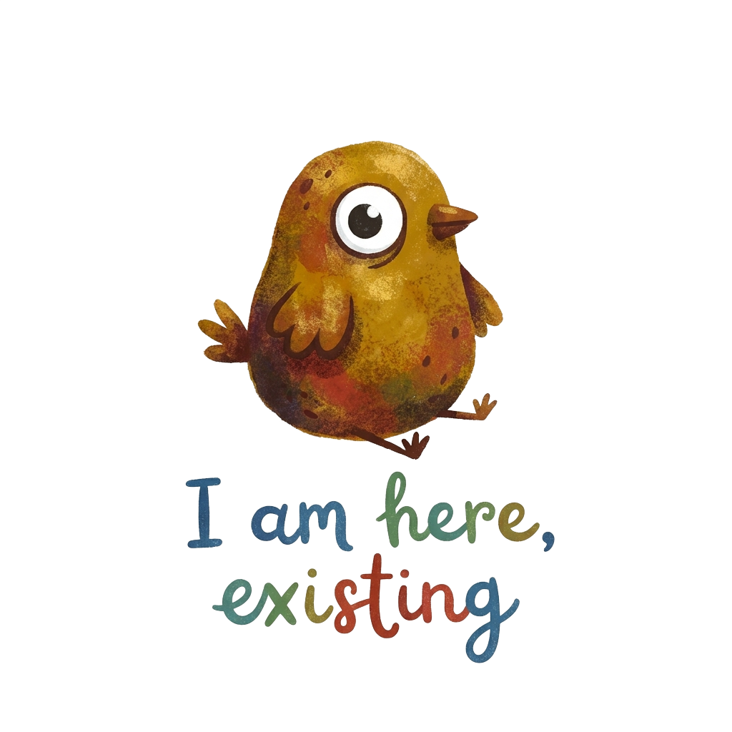 Create a slightly lumpy, potato-shaped bird with one googly eye, embodying goofy charm, along with the words "I am here, existing" hand-lettered across the bottom in a friendly style.