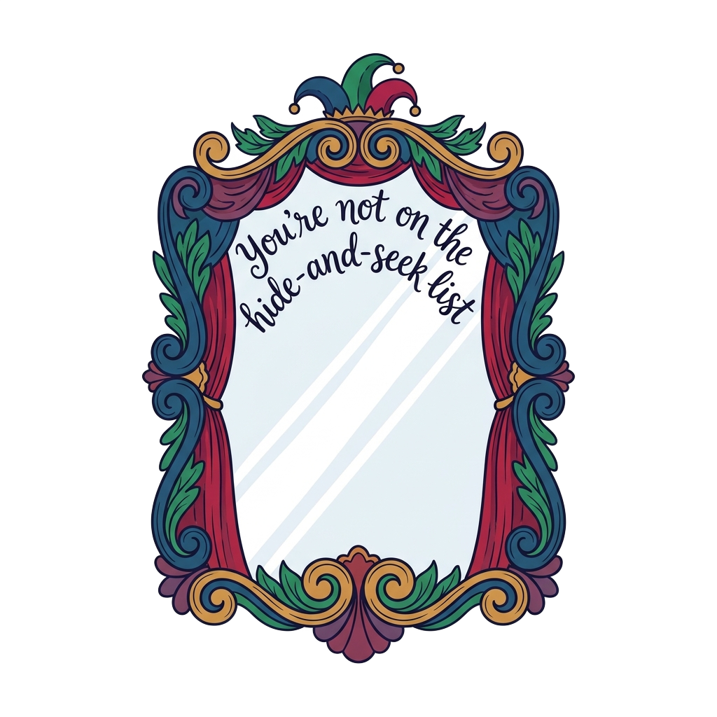 Illustrate a simple line-art mirror with a frame, containing the words "You’re not on the hide-and-seek list" hand-lettered across the top in a playful font, embodying a humorous and theatrical mood.