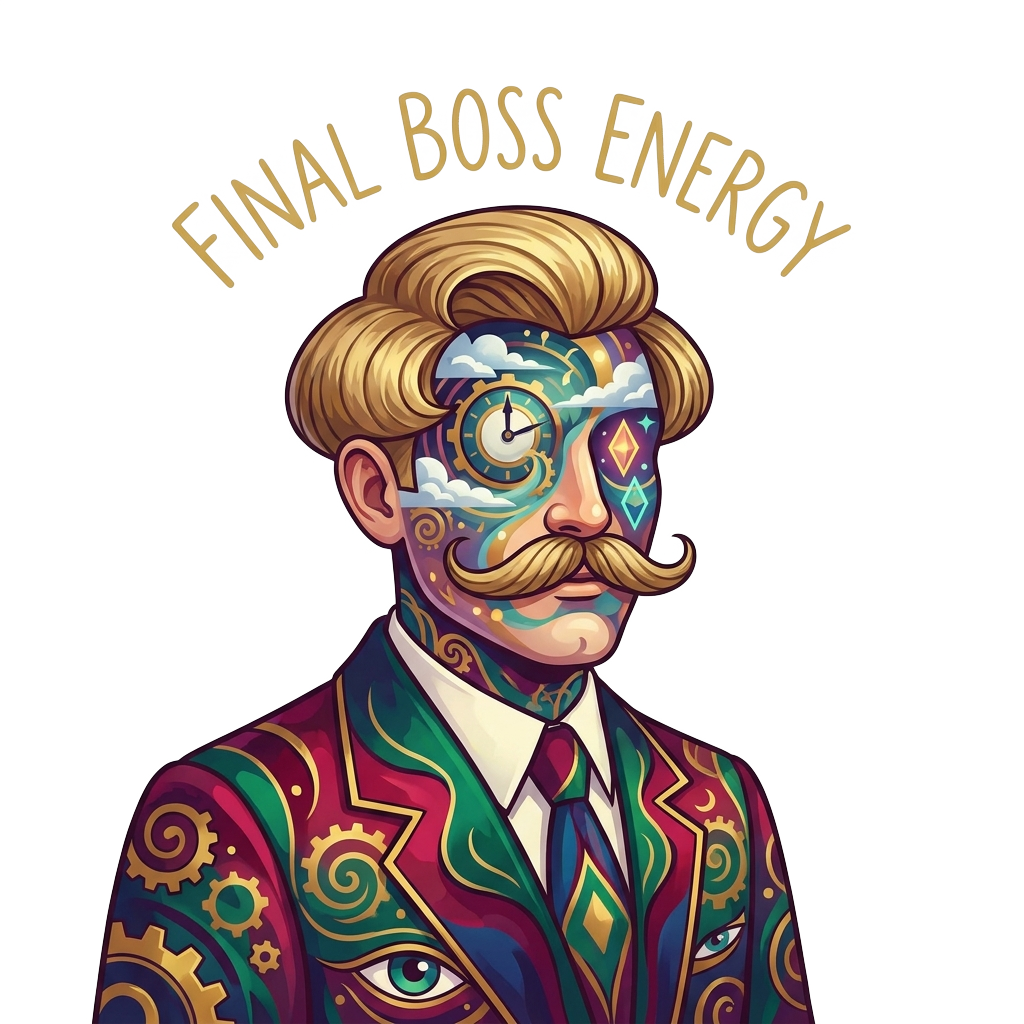 Create a surreal character portrait of a man with a flawless blond bob and curled moustache in a formal suit, embodying a surreal vibe with the words "Final Boss Energy" hand-lettered across the top in clean type.