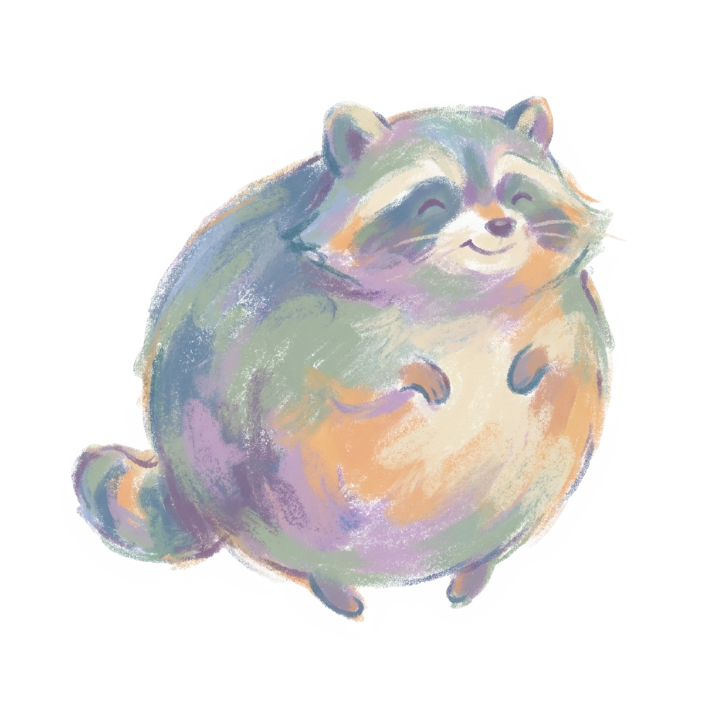 an abstract pastel drawing of a round raccoon with tiny limbs, calm and cute, with no text
