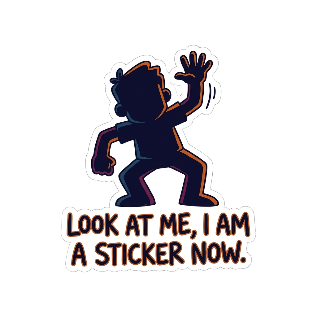 a simplified silhouette of a person raising one hand in a humorous pose, with the words 'LOOK AT ME, I AM A STICKER NOW.' hand-lettered across the bottom in bold correctly-spelled type