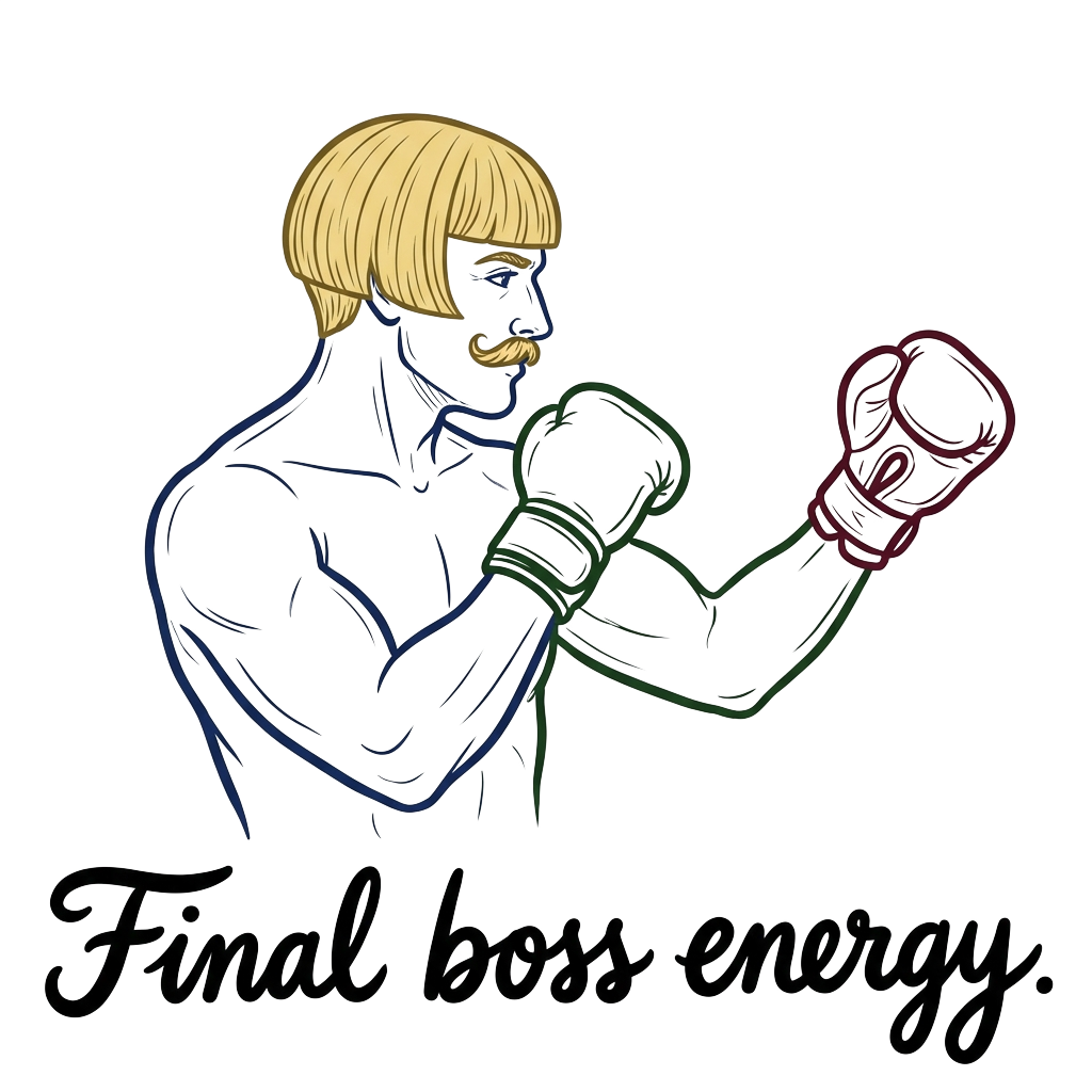 line-art portrait of a man with a symmetrical blond bob and curled moustache, shadow boxing, with the words 'Final boss energy.' hand-lettered across the bottom in bold correctly-spelled type