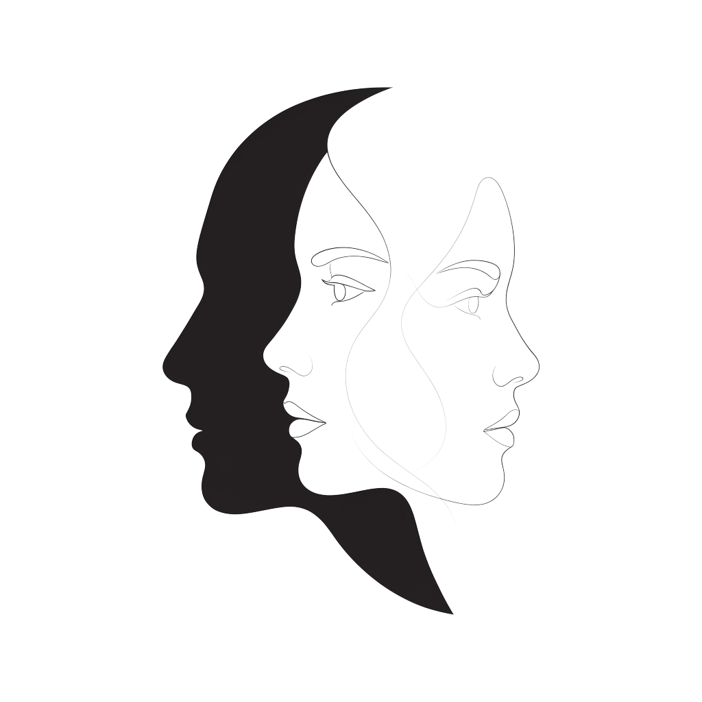 A simple half-face silhouette merged with another half-face in subtle black-and-white line-art, evoking a relatable introspective moment of recognizing family resemblance without text.