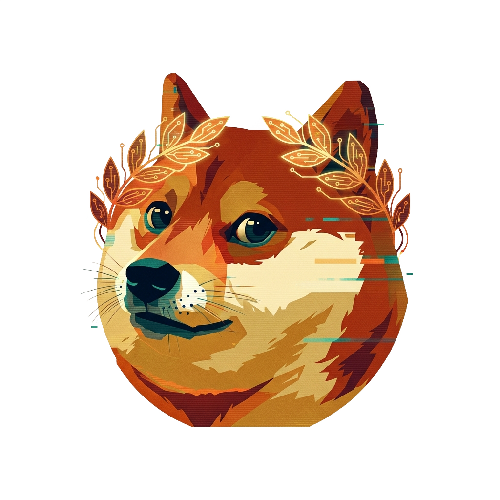 A minimalist retro-futuristic Doge head featuring subtle glitch effects and a laurel wreath, serving as a cheeky nod to meme literacy without any text.