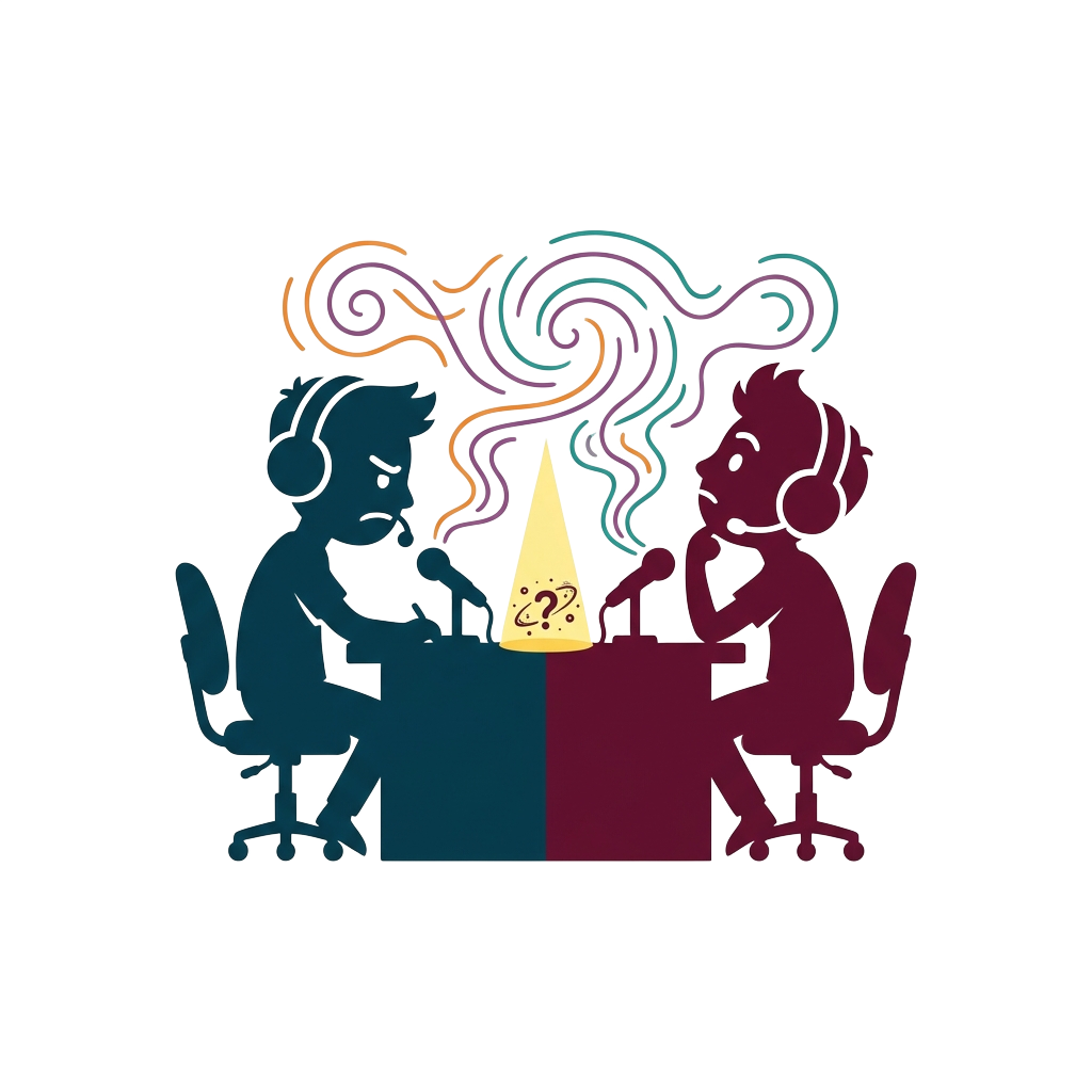 A minimalist illustration of two cartoonish streamer silhouettes wearing headsets and holding microphones, with wavy sound lines and a dramatically tiny light beam, capturing a vibe of mock-serious curiosity about cosmic misunderstandings.