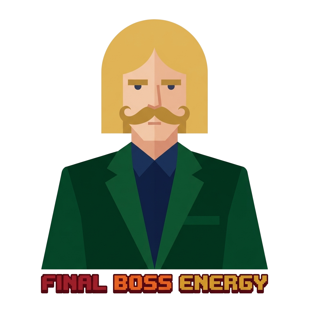 Create a deadpan minimalist portrait of a blond bob-haired person with a curly moustache, wearing a formal suit, with the words 'Final boss energy' in retro type at the bottom.