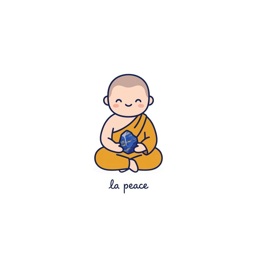 Illustrate a kawaii minimalist figure in a monk pose, meditating while holding a stylized lapis lazuli stone, with the words 'la peace' hand-lettered in tiny script.