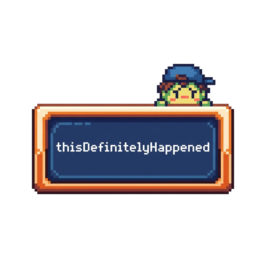 Depict a screen-like box with the phrase 'thisDefinitelyHappened' typed on it, while a tiny pixel-style character peeks over the edge in a sheepish manner.
