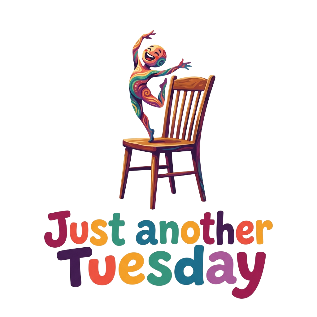 A tiny humanoid mid-dance in a normal chair with the caption "Just another Tuesday" rendered in bold, playful typography.