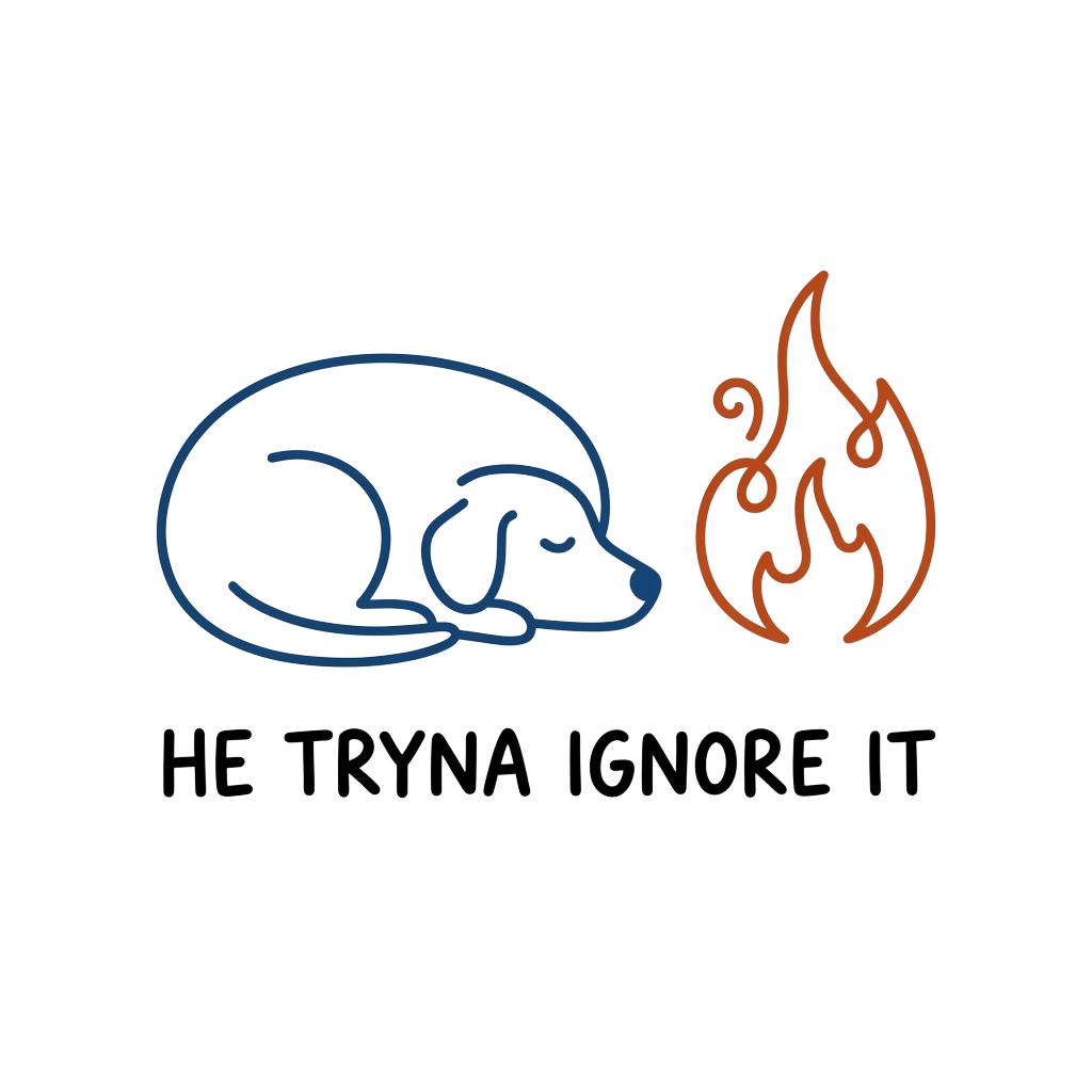 a simplistic line-drawing of a calm dog next to a quirky flame icon with the words "He tryna ignore it" hand-lettered across the bottom in bold correctly-spelled type