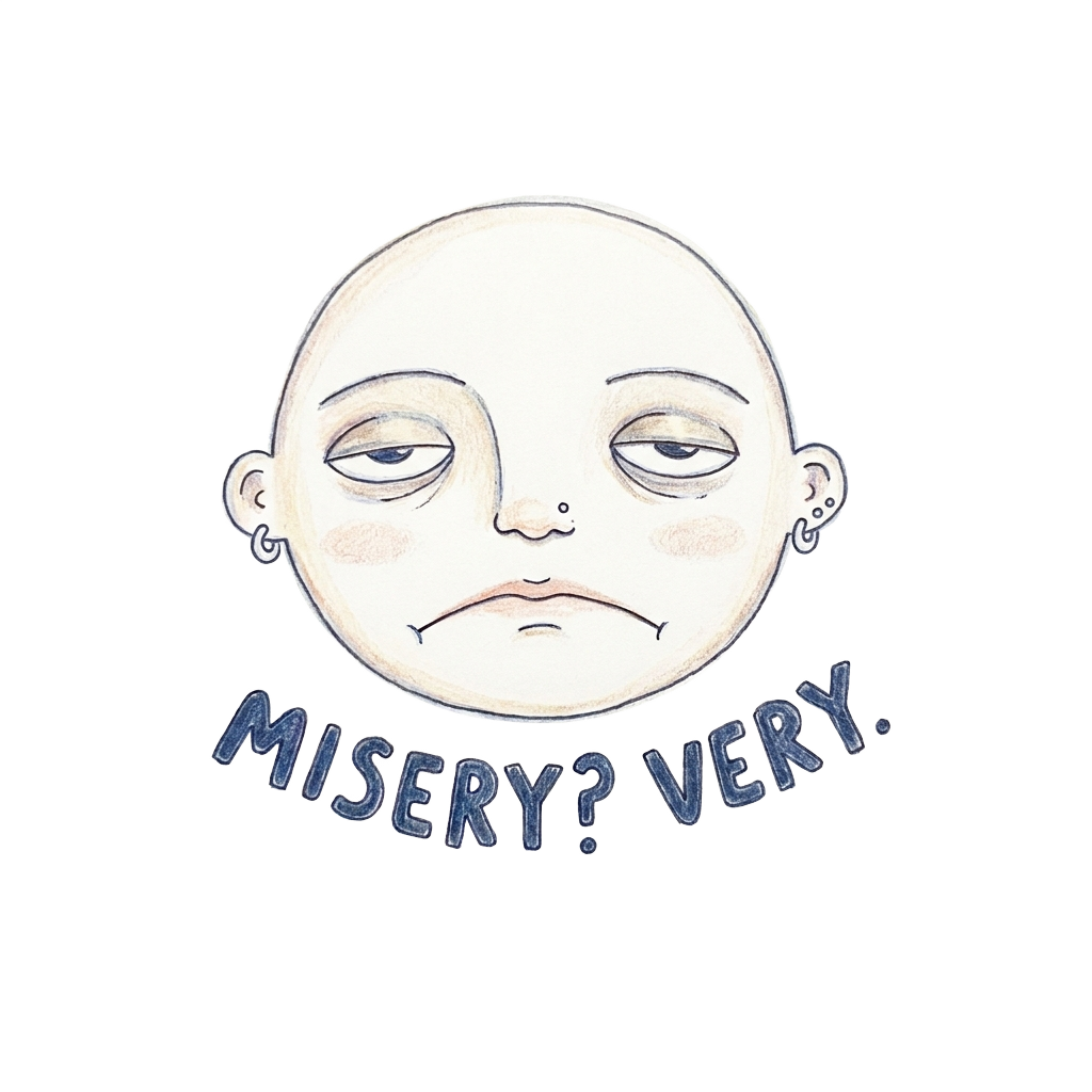 a soft doodle featuring sleepy eyes, tiny piercings, and a slight pout with the words "Misery? Very." hand-lettered across the bottom in bold correctly-spelled type