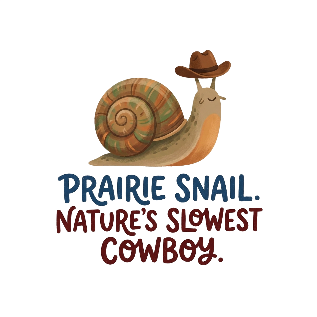A cute snail with a mini prairie hat and the words "Prairie snail. Nature's slowest cowboy." hand-lettered across the bottom in bold correctly-spelled type.