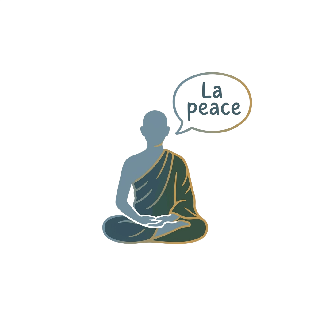 A simple, low-key silhouette of a meditating monk with a speech bubble saying "La peace", embodying serene absurdity with soft colors.