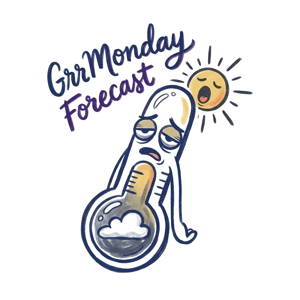 A sleepy line-art thermometer showing a smudged cloud and yawning sun, with the words "GrrMonday Forecast" hand-lettered above.