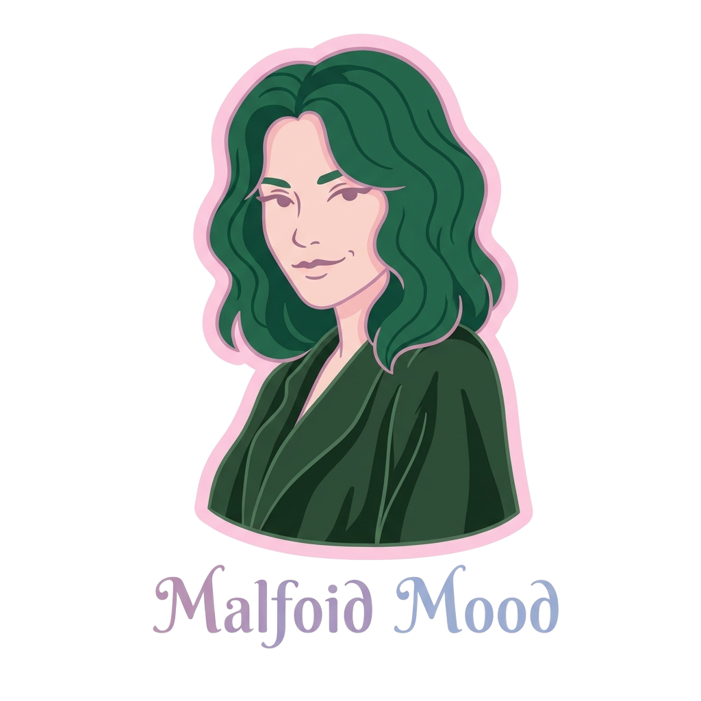 A pastel-outlined female character with Slytherin-green hair and a wry smirk, with the words "Malfoid Mood" hand-lettered in a delicate serif.