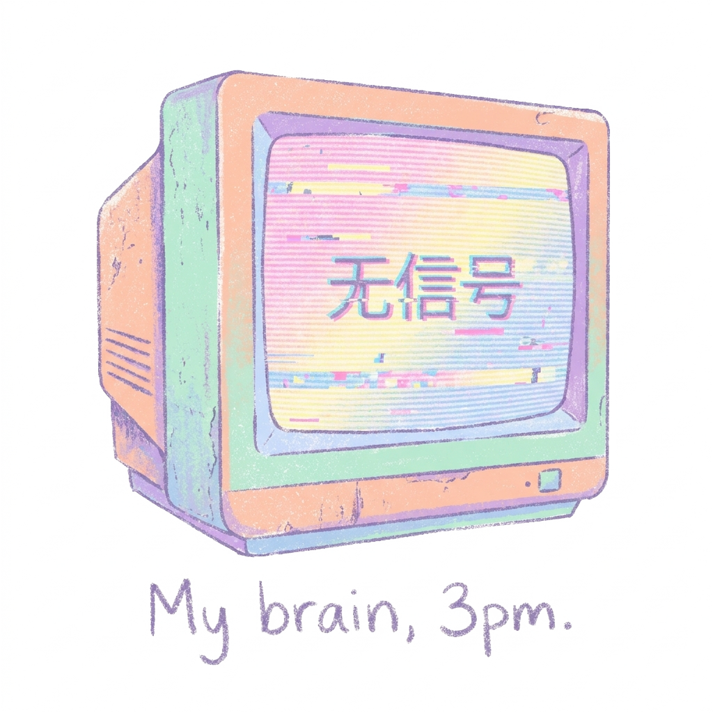 A retro CRT monitor in grainy pastels displaying the text "无信号" (no signal) with glitch lines, and the words "My brain, 3pm." hand-lettered underneath.
