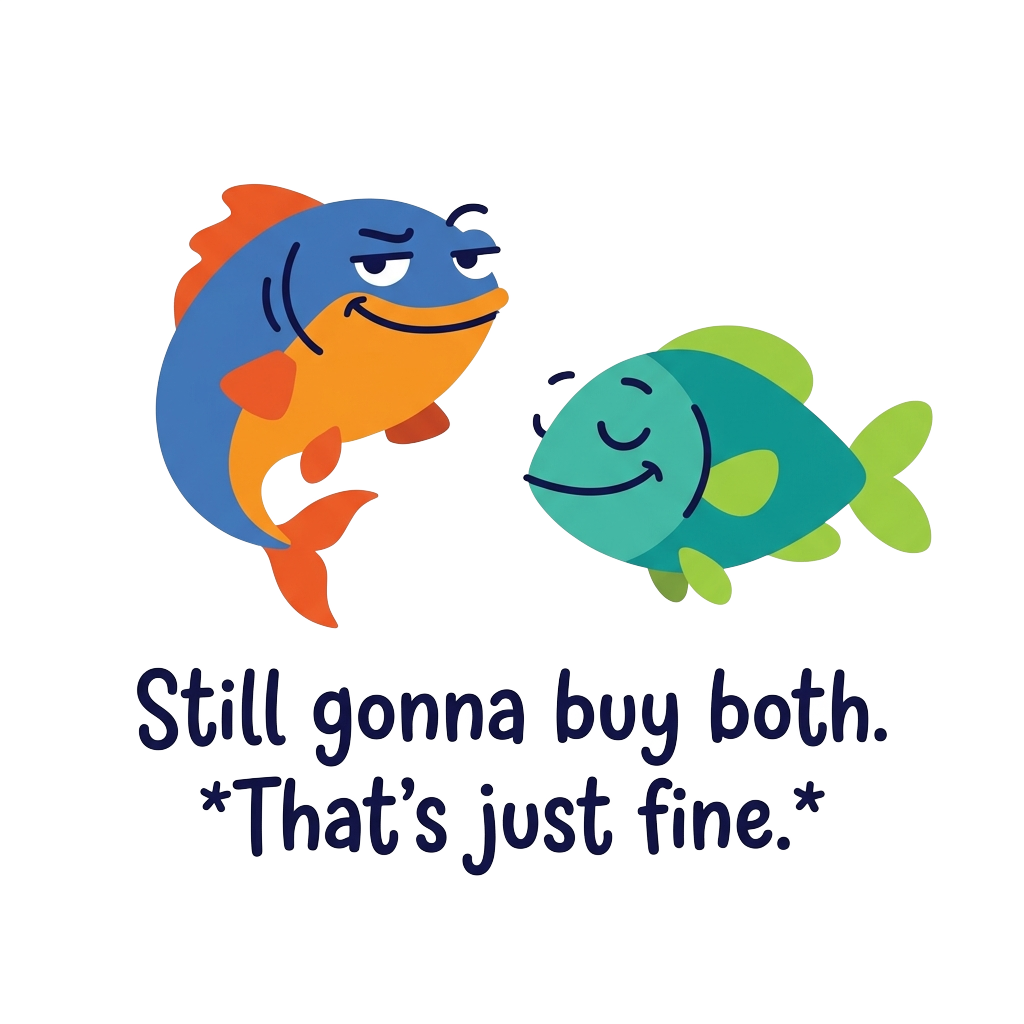 Cartoon fish drawn in a minimal style, one looking smug and the other relaxed, with the words "Still gonna buy both. *That’s just fine.*" hand-lettered across the bottom in a playful font.
