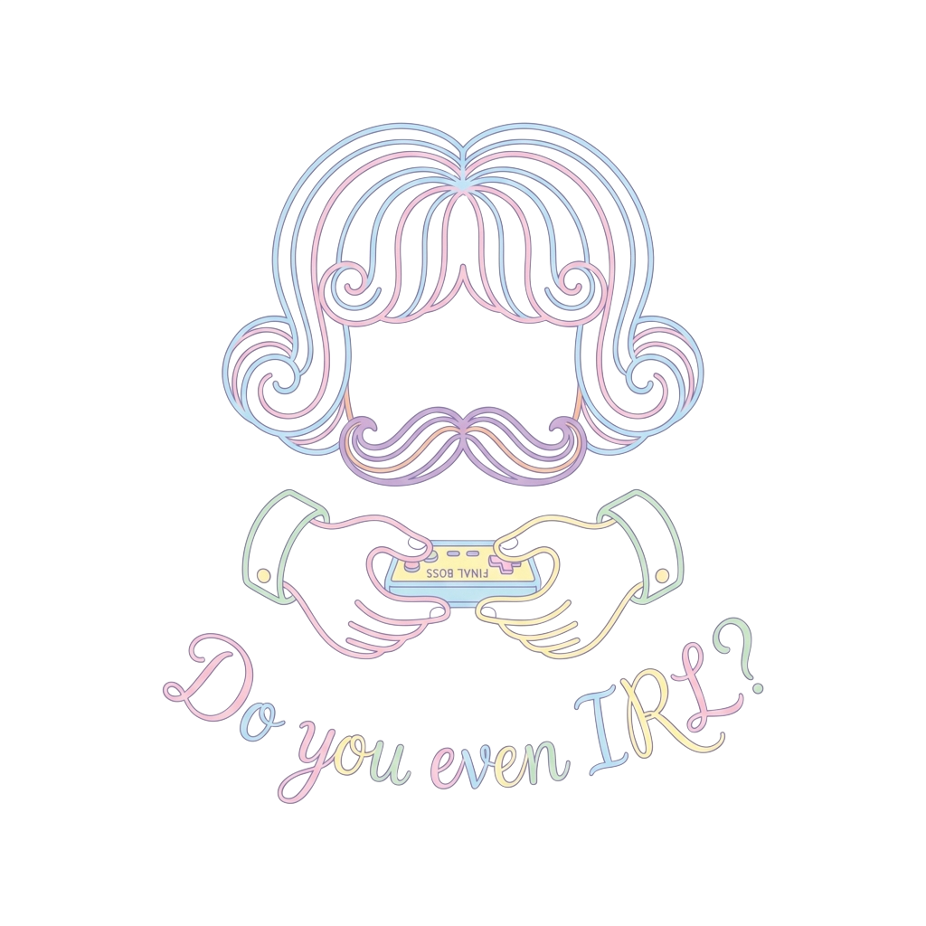 Pastel line-art depicting a symmetrical bob and curled moustache of Jean Phil, holding a tiny 'Final Boss' game controller, with the words "Do you even IRL?" hand-lettered below.