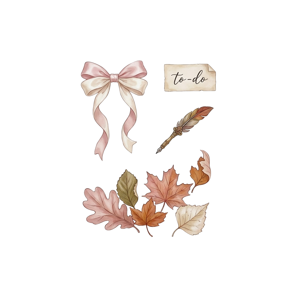 A kiss-cut sheet featuring delicate coquette-inspired elements: a bow, handwritten 'to-do,' a miniature vintage quill, and softly curled leaves in muted pinks and autumn neutrals.
