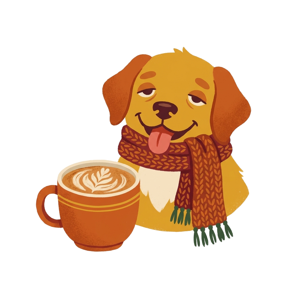 A cozy illustration of a happy, dopey pup next to a pumpkin-spiced latte with latte art shaped like a leaf, in soft warm colors and playful style.