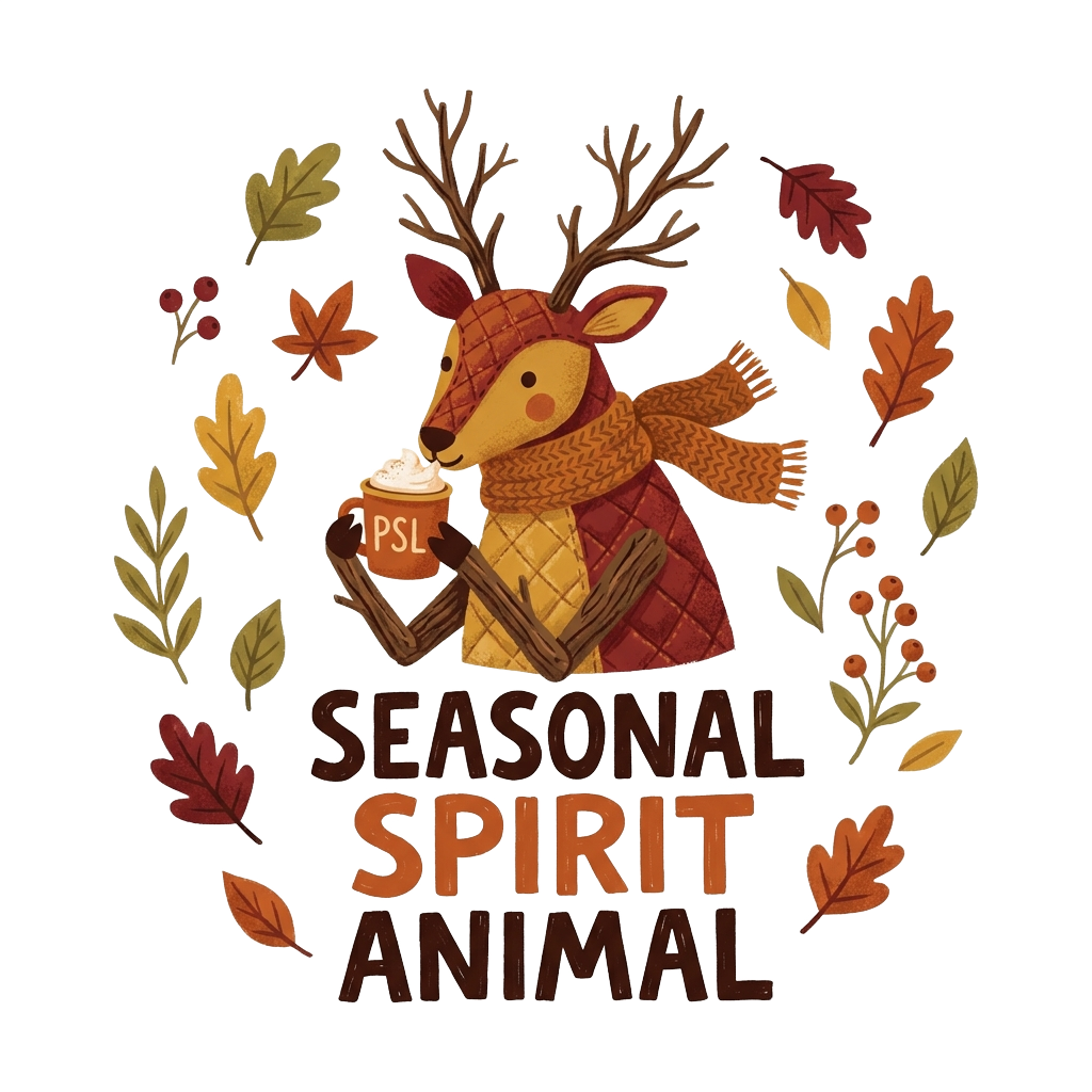 illustrate a faux deer sipping a pumpkin spice latte with the words "Seasonal Spirit Animal" hand-lettered across the bottom in bold correctly-spelled type, surrounded by autumn leaves and warm colors.