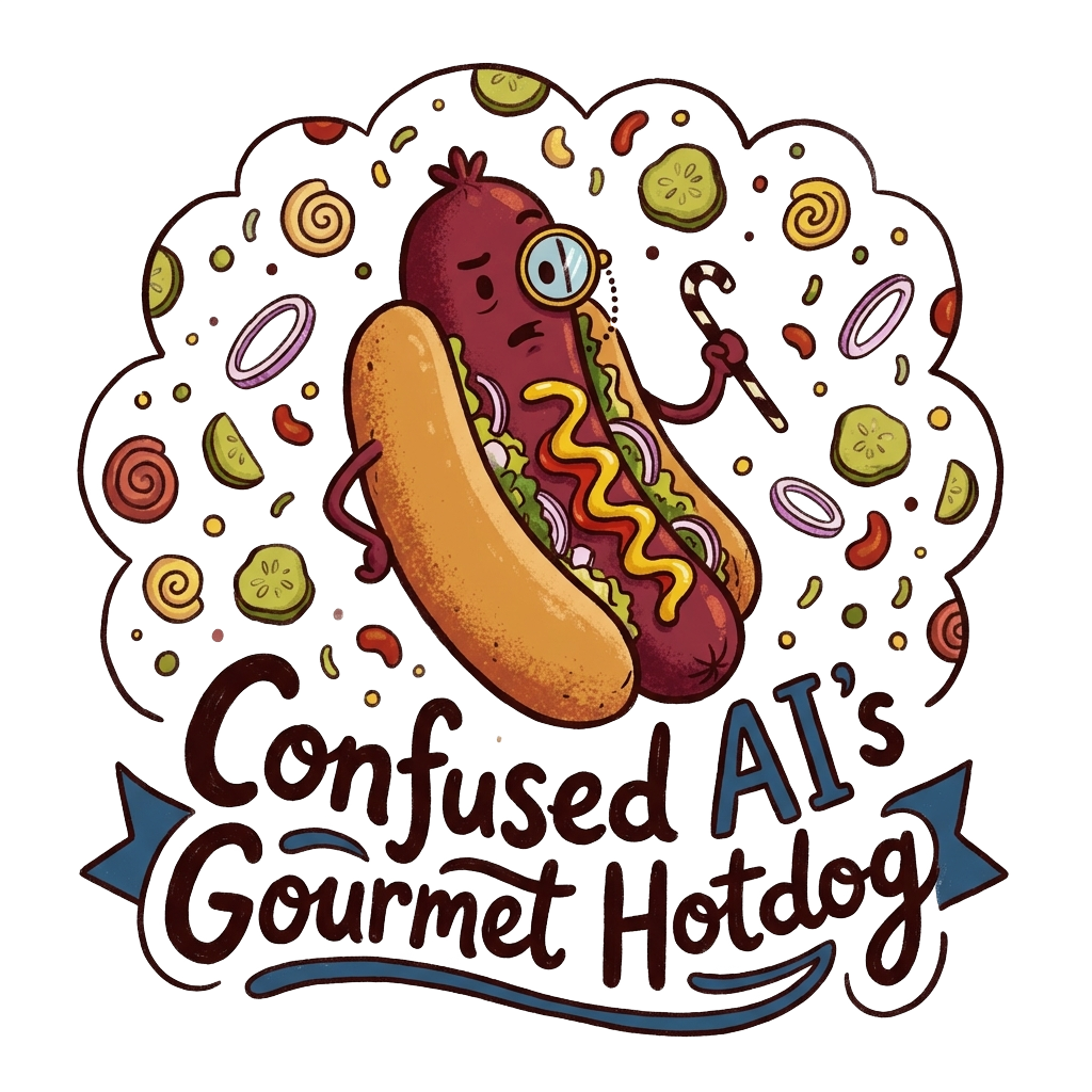 illustrate a hotdog with a monocle and cane with the words "Confused AI's Gourmet Hotdog" hand-lettered across the bottom in bold correctly-spelled type, set against a playful background with toppings.